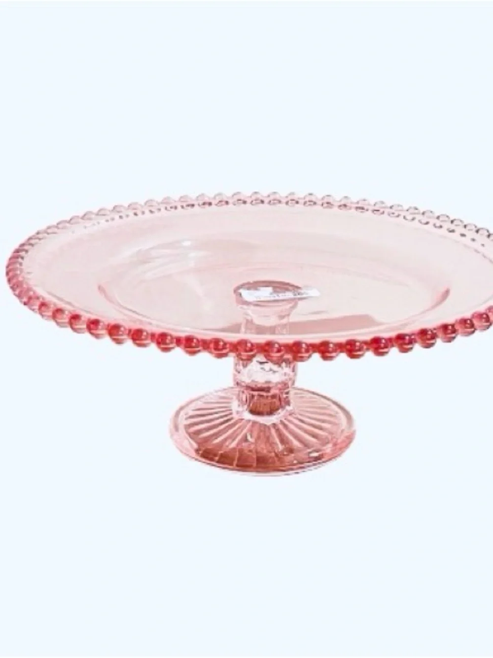 🆕- Pink Glass Pedestal Cake Stand with Beaded Hobnail Edge